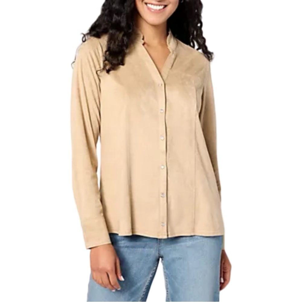 Denim & Co Canyon Retreat Faux Suede Snap Front Top Sandstone 2X NWT